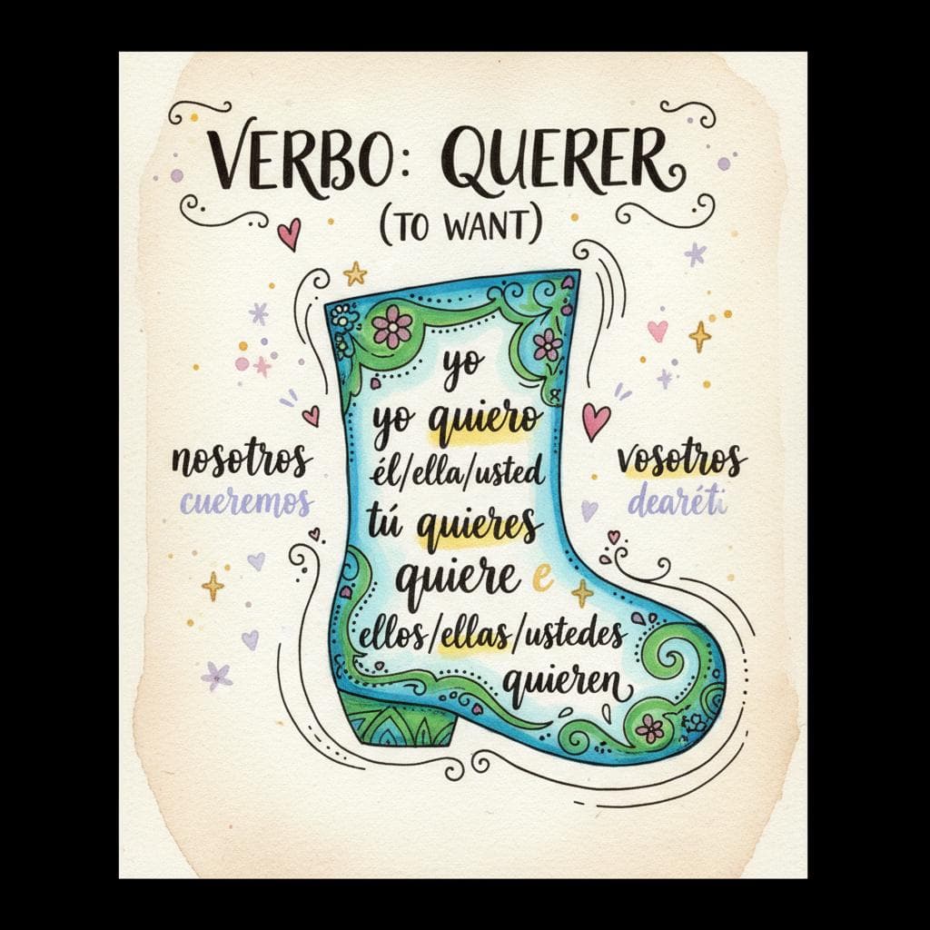 A beautifully hand-drawn Spanish verb conjugation chart, featuring the verb 'querer' (to want). The 'yo', 'tú', 'él/ella/usted', and 'ellos/ellas/ustedes' conjugations are clearly written with the stem changes (e -> ie) subtly highlighted. A distinct, whimsical, and vibrant 'boot' shape is painted around these changing forms, visibly separating them from the 'nosotros' and 'vosotros' forms, which are shown outside the boot. The chart has an inviting, slightly aged paper texture background. black background.