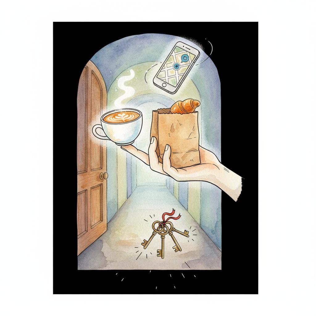 Charming ink and watercolor painting of a person's hand juggling a coffee, a bag, and a phone, with a set of keys slipping from their fingers and clattering towards the floor. The background is a slightly blurred suggestion of a doorway or hallway. Clean lines, vibrant but soft color palette, storybook style. black background.