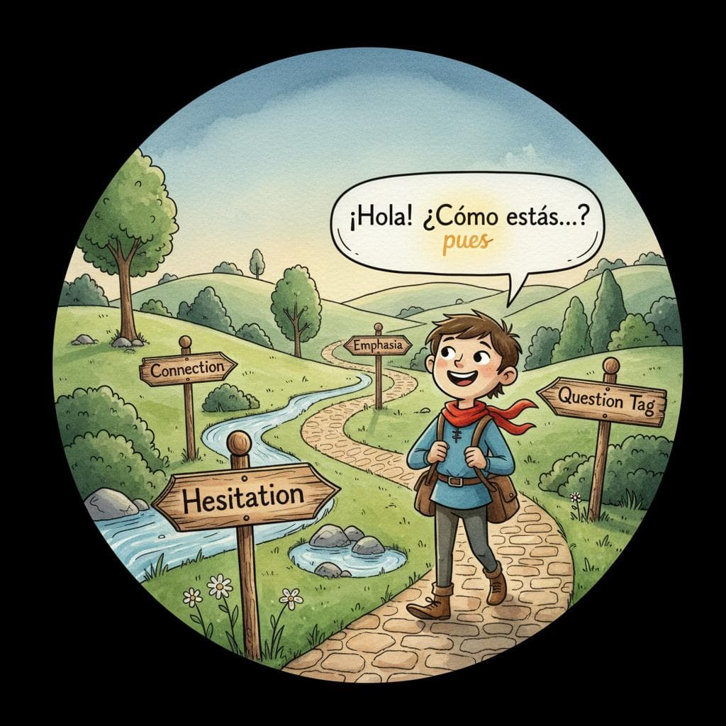 Charming ink and watercolor painting, clean lines, vibrant but soft color palette, storybook style: A path winding through a landscape with signposts marking "Hesitation," "Connection," "Emphasis," "Question Tag." A friendly student character confidently walking along the path, integrating a small, glowing "pues" into their speech bubble. black background.