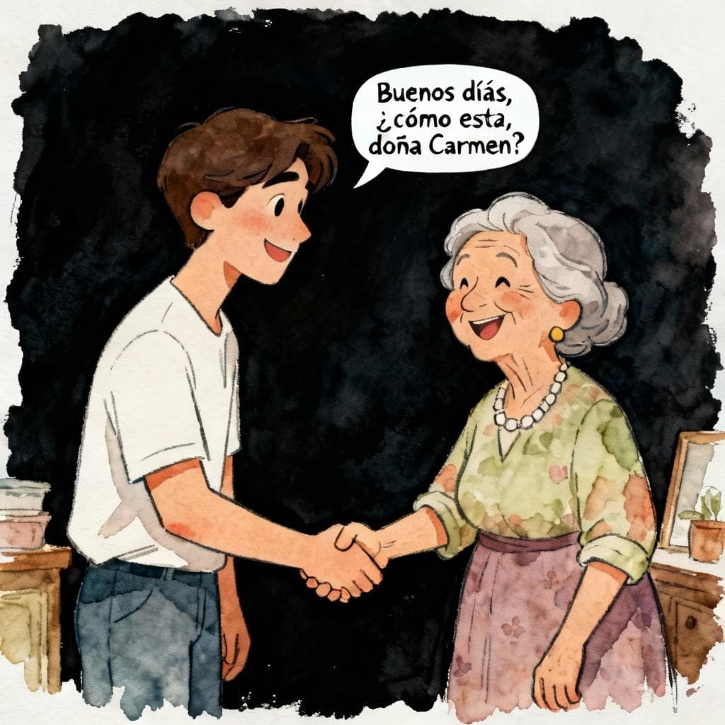 Charming ink and watercolor painting, clean lines, vibrant but soft palette, storybook style on a dark background. A young adult politely greeting an elderly woman with a gentle handshake, friendly smiles, minimal interior hints. Small Spanish speech bubble: 'Buenos días, ¿cómo está, doña Carmen?'. Simple composition, no clutter.