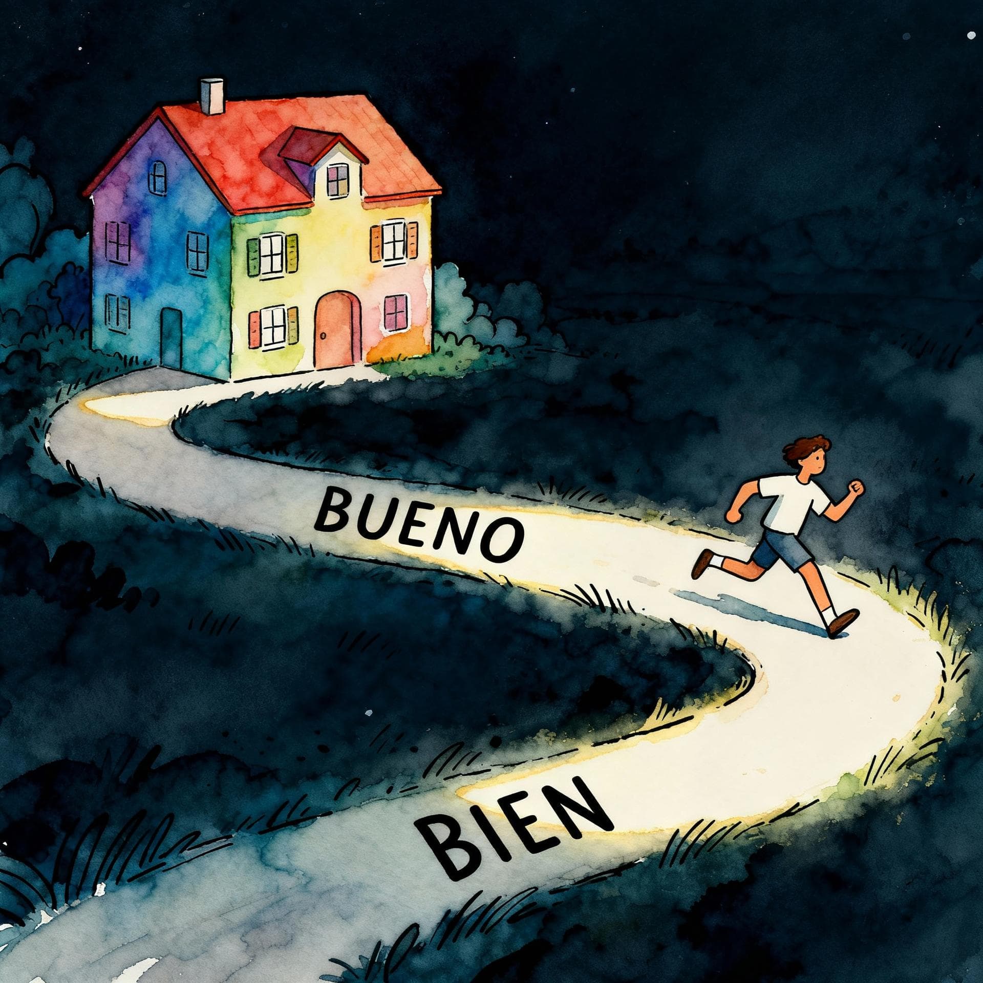 Charming ink and watercolor painting, clean lines, vibrant but soft color palette, storybook style, dark background. Two distinct, labeled paths diverging: one path is labeled 'BUENO' and leads to a large, colorful house (representing a noun), and the other path is labeled 'BIEN' and leads to a figure running energetically (representing a verb/action).