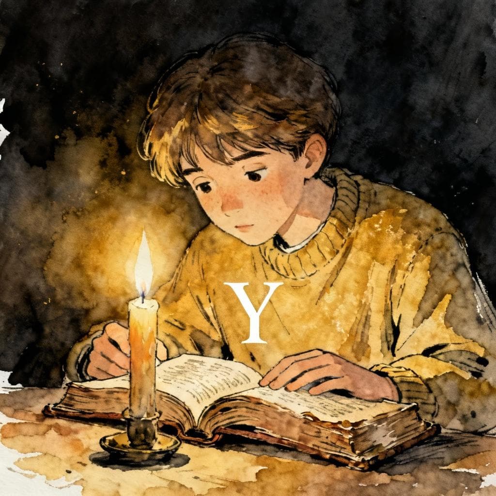 Charming ink and watercolor painting, storybook style, dark background. A cozy scene of a person deeply absorbed in reading an old book by candlelight (representing 'leyendo'). A stylized 'Y' graphic is lightly integrated near the action, symbolizing the sound change from -iendo to -yendo.