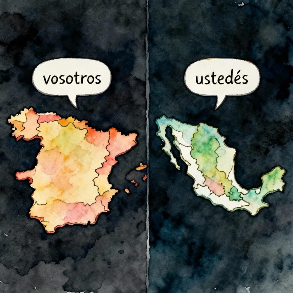 Charming ink and watercolor painting, clean lines, vibrant but soft color palette, storybook style, dark background. Simple split scene: on the left a stylized map outline of Spain with a single speech bubble saying 'vosotros'; on the right a stylized map outline of Mexico with a single speech bubble saying 'ustedes'. Friendly tone, minimal details.