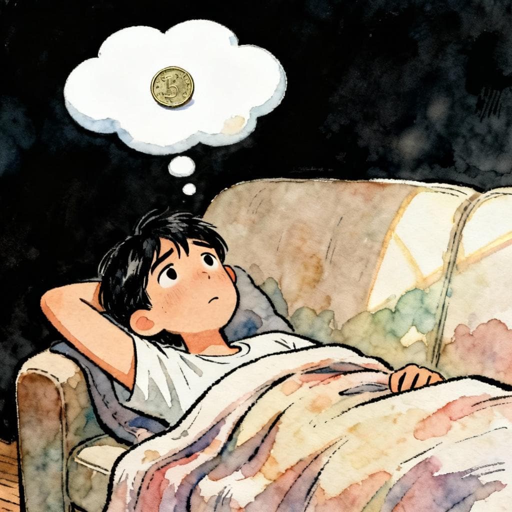 A person lying on a sofa under a blanket, looking extremely relaxed and unmotivated, with a thought bubble above their head containing a single, small, deflated peso coin. Charming ink and watercolor painting, clean lines, vibrant but soft color palette, storybook style, dark background.