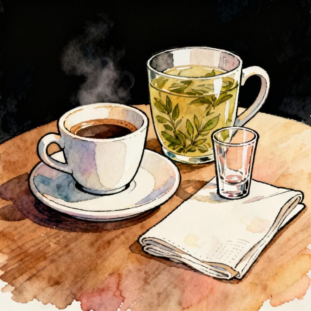 Close-up still life of a simple table setting: one espresso cup, one herbal tea mug, and a small chupito glass beside a folded napkin; soft highlights suggesting lingering conversation; charming ink and watercolor, clean lines, vibrant but soft colors, storybook style, dark background