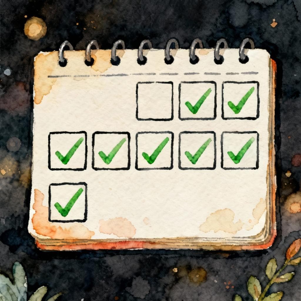 Charming ink and watercolor painting of a small weekly calendar with seven simple squares and green checkmarks, dark background, clean lines, vibrant but soft palette, storybook style