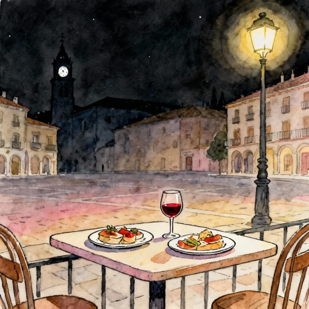 Charming ink and watercolor painting, clean lines, vibrant but soft colors, storybook style, dark background. A cozy Spanish plaza at night with a small outdoor café table holding two tapas plates, a glass of red wine, and a glowing streetlamp; distant silhouette of a clock tower; no people; simple composition.