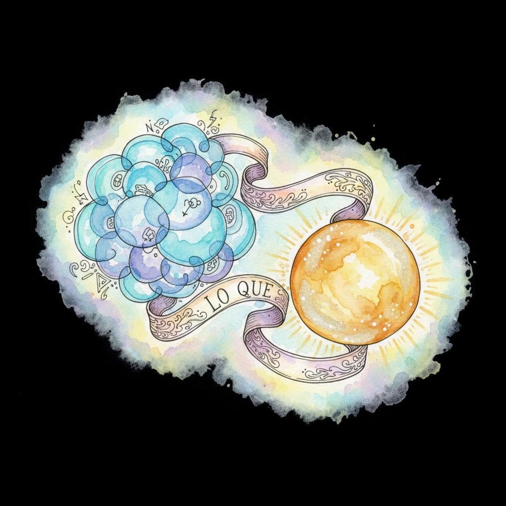 Two distinct abstract concepts (e.g., a swirling blue thought cloud and a shimmering golden idea orb) are connected by a flowing, intricate bridge or a magical, glowing ribbon clearly labeled "lo que". The background is soft and airy, emphasizing the connection and understanding between ideas. black background.