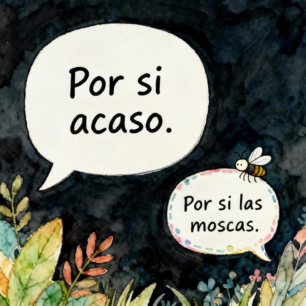 Charming ink and watercolor painting, clean lines, vibrant but soft color palette, storybook style, dark background. Two speech bubbles float in the air. The left bubble is large and plain, containing the text 'Por si acaso'. The right bubble is smaller, decorated with a tiny cartoon fly, and contains the text 'Por si las moscas'.