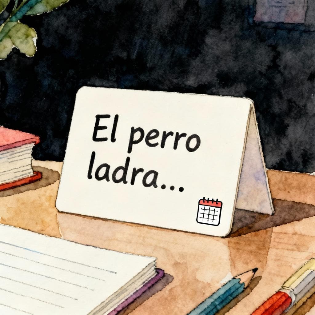 Charming ink and watercolor painting, clean lines, vibrant but soft colors, storybook style, dark background. A single Spanish flashcard on a desk reading “El perro ladra…”, with a small simple calendar icon in the corner to suggest spaced repetition. Minimal elements, no people, uncluttered composition.