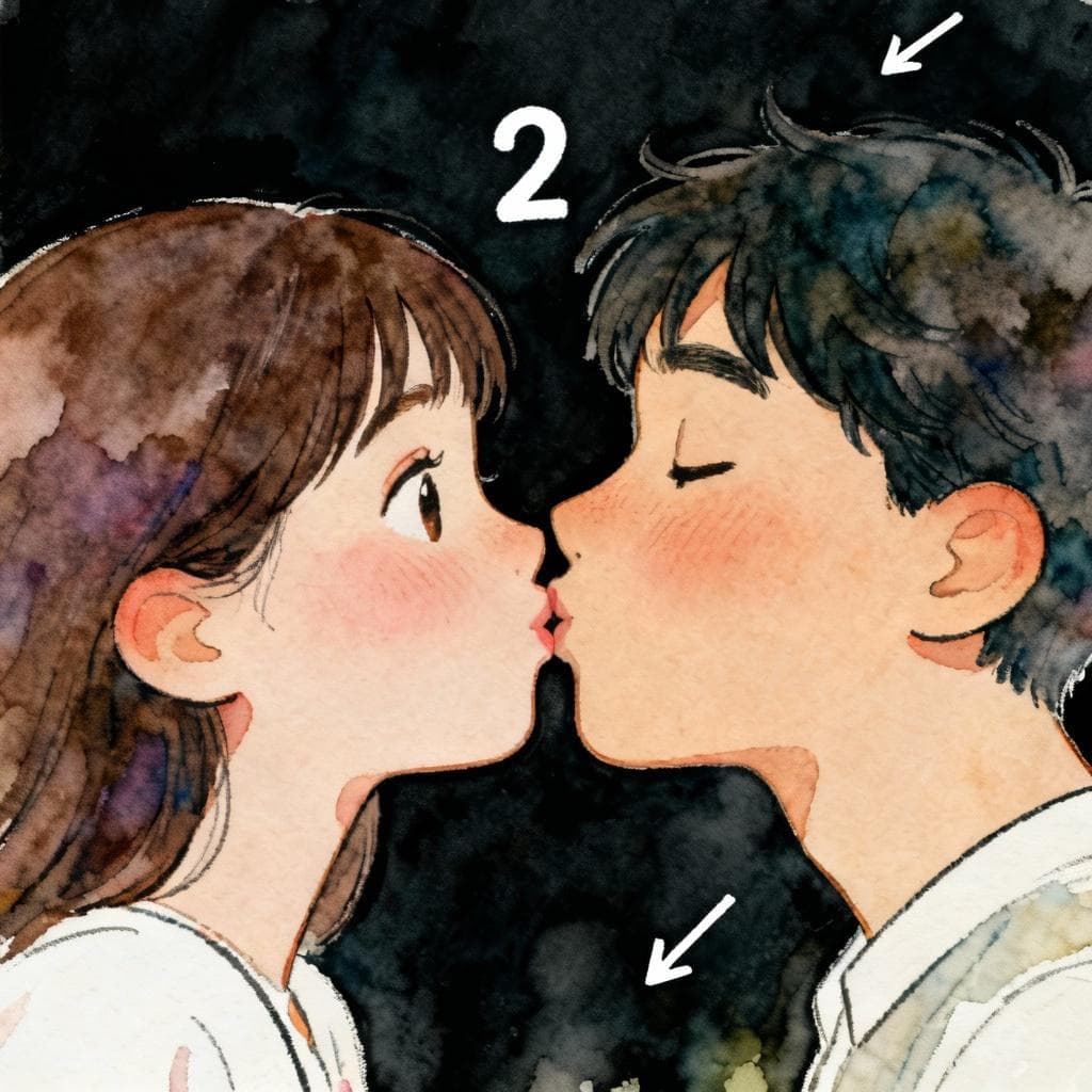 Charming ink and watercolor painting, clean lines, vibrant but soft color palette, storybook style, dark background. Simple close-up of two faces turning slightly to the right for the first cheek touch, a small “2” above to suggest two kisses; minimal arrows, no text labels.