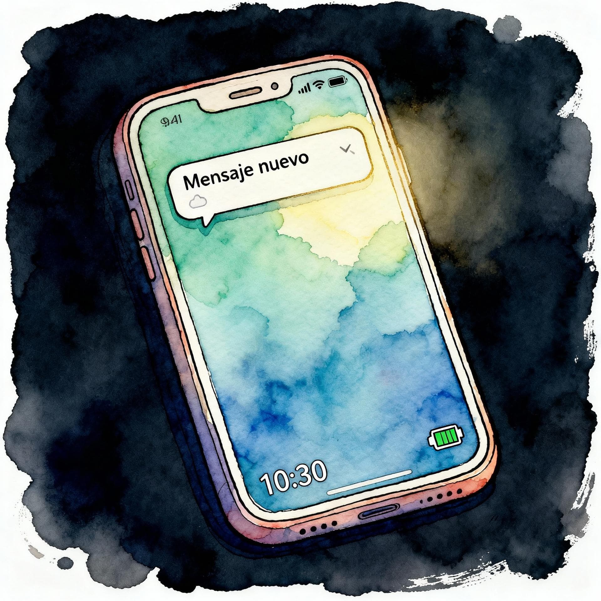 A stylized illustration of a smartphone screen displaying a notification. The notification text clearly reads: 'Mensaje nuevo' (New Message). Below the notification, the time reads '10:30' and the battery icon is visible. Charming ink and watercolor painting, clean lines, vibrant but soft color palette, storybook style, dark background.