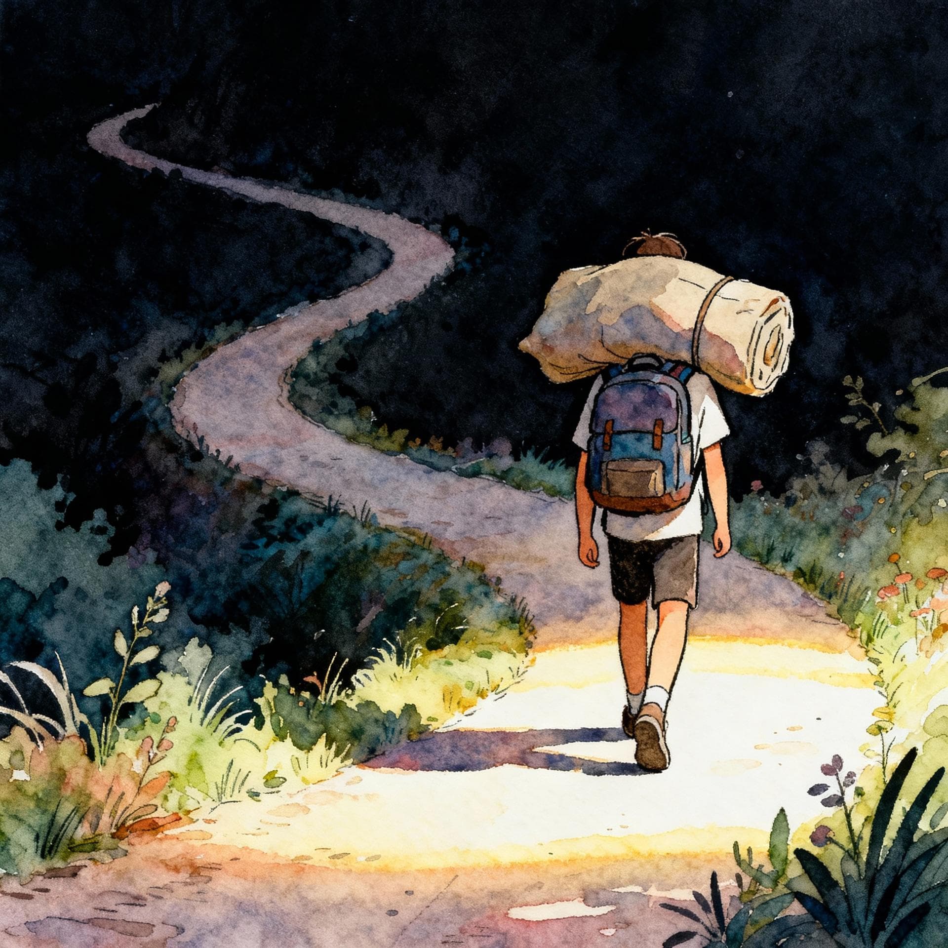 Charming ink and watercolor painting, clean lines, vibrant but soft color palette, storybook style, dark background. A person is walking away from the viewer down a winding path, carrying a large, heavy backpack on their shoulders.