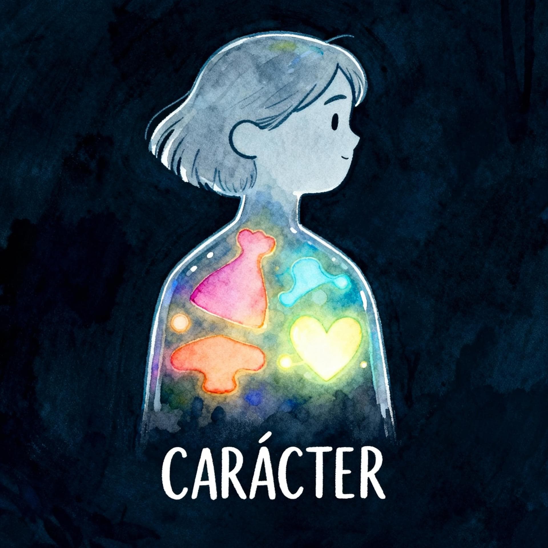Charming ink and watercolor painting, clean lines, vibrant but soft color palette, storybook style, dark background. A stylized, transparent silhouette of a person is visible. Inside the silhouette, there are glowing, abstract shapes representing inner qualities like strength and kindness. The word 'CARÁCTER' is written clearly beneath the silhouette.