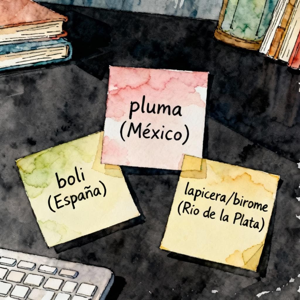 Three sticky notes on a dark desk reading 'boli (España)', 'pluma (México)', 'lapicera/birome (Río de la Plata)'; simple composition, no hands. Charming ink and watercolor painting, clean lines, vibrant but soft colors, storybook style, dark background.
