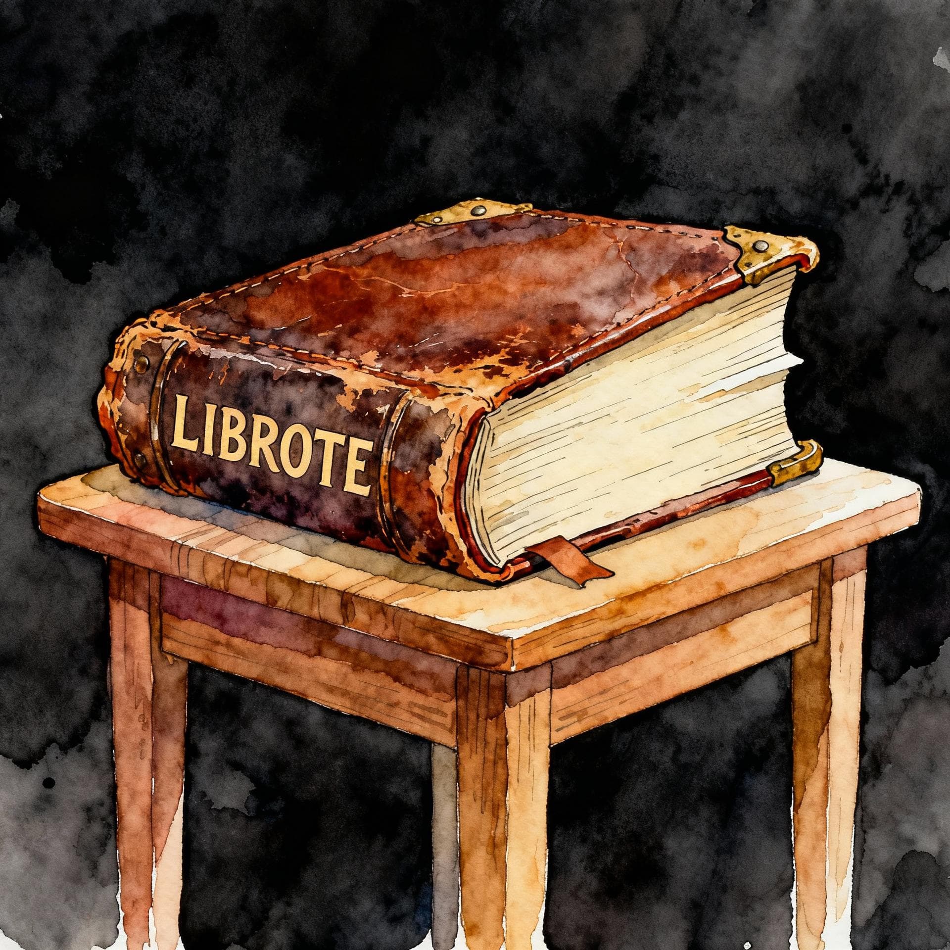 Charming ink and watercolor painting, clean lines, vibrant but soft color palette, storybook style, dark background. A massive, thick, old book with a worn leather cover is resting on a small wooden table. The book is labeled with the word 'LIBROTE' on its spine.