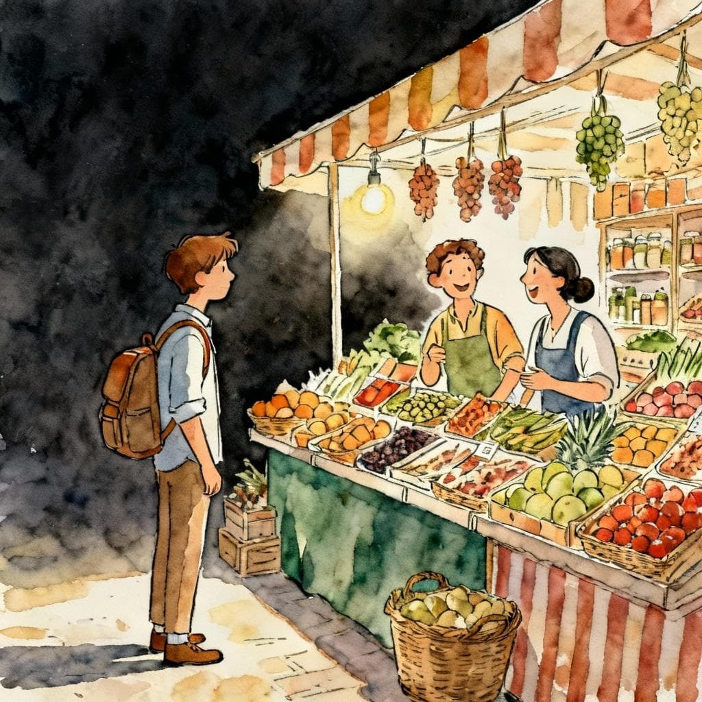 A traveler stands politely at a vibrant Spanish market stall, looking for a moment to ask a question to two people who are happily chatting. Charming ink and watercolor painting, clean lines, soft color palette, storybook style. dark background.
