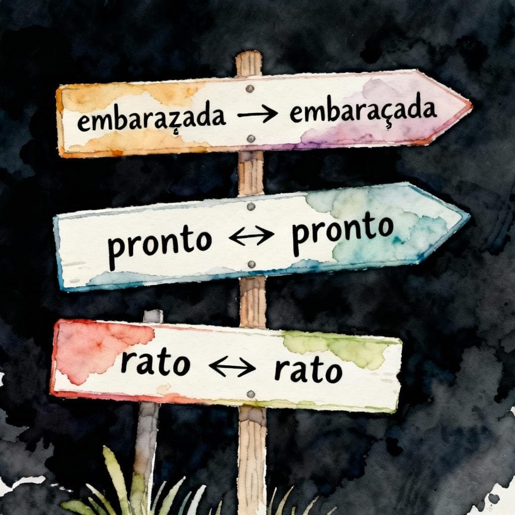 Three simple signboards on a dark background, each with a word pair and arrows: “embarazada ↔ embaraçada”, “pronto ↔ pronto”, “rato ↔ rato”; charming ink and watercolor, clean lines, vibrant but soft colors, storybook style.