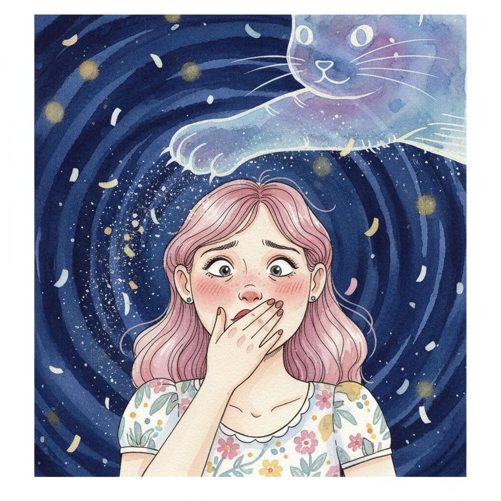 A person at a party looking embarrassed with a hand over their mouth, with a stylized, faint outline of a large cat's paw over their face, symbolizing a social blunder. Charming ink and watercolor painting, clean lines, vibrant but soft color palette, storybook style, dark background.