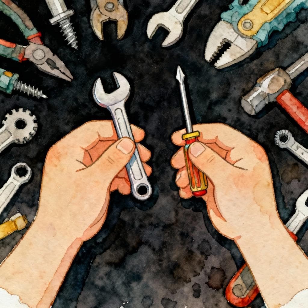 Charming ink and watercolor painting, clean lines, vibrant but soft color palette, storybook style, dark background. A pair of small, cartoonishly clever hands (manitas) are holding a tiny wrench and a miniature screwdriver, positioned against a backdrop of various tools.