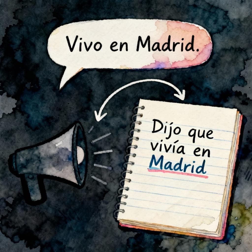 Charming ink and watercolor scene: a single speaker silhouette with a speech bubble saying “Vivo en Madrid” transforming via a simple curved arrow into a neat notebook line reading “Dijo que vivía en Madrid”, with “que” subtly highlighted; clean lines, vibrant but soft palette, storybook style, dark background