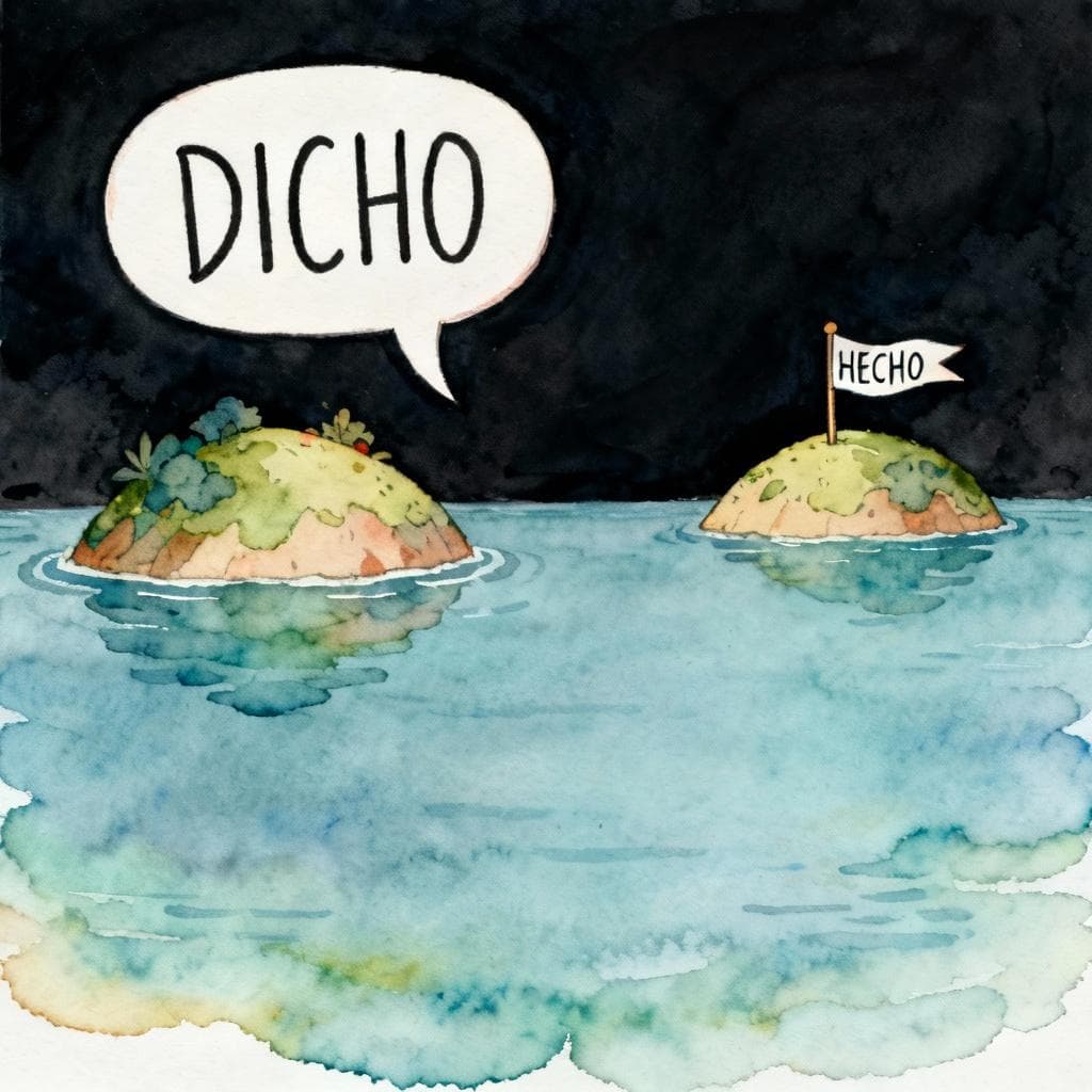 Charming ink and watercolor painting, clean lines, vibrant but soft color palette, storybook style, dark background. Two distinct, small islands are visible. One island has a large speech bubble above it with the word 'DICHO' written inside. The second island is far away and has a flag planted on it with the word 'HECHO'. A wide, empty stretch of water separates the two islands.