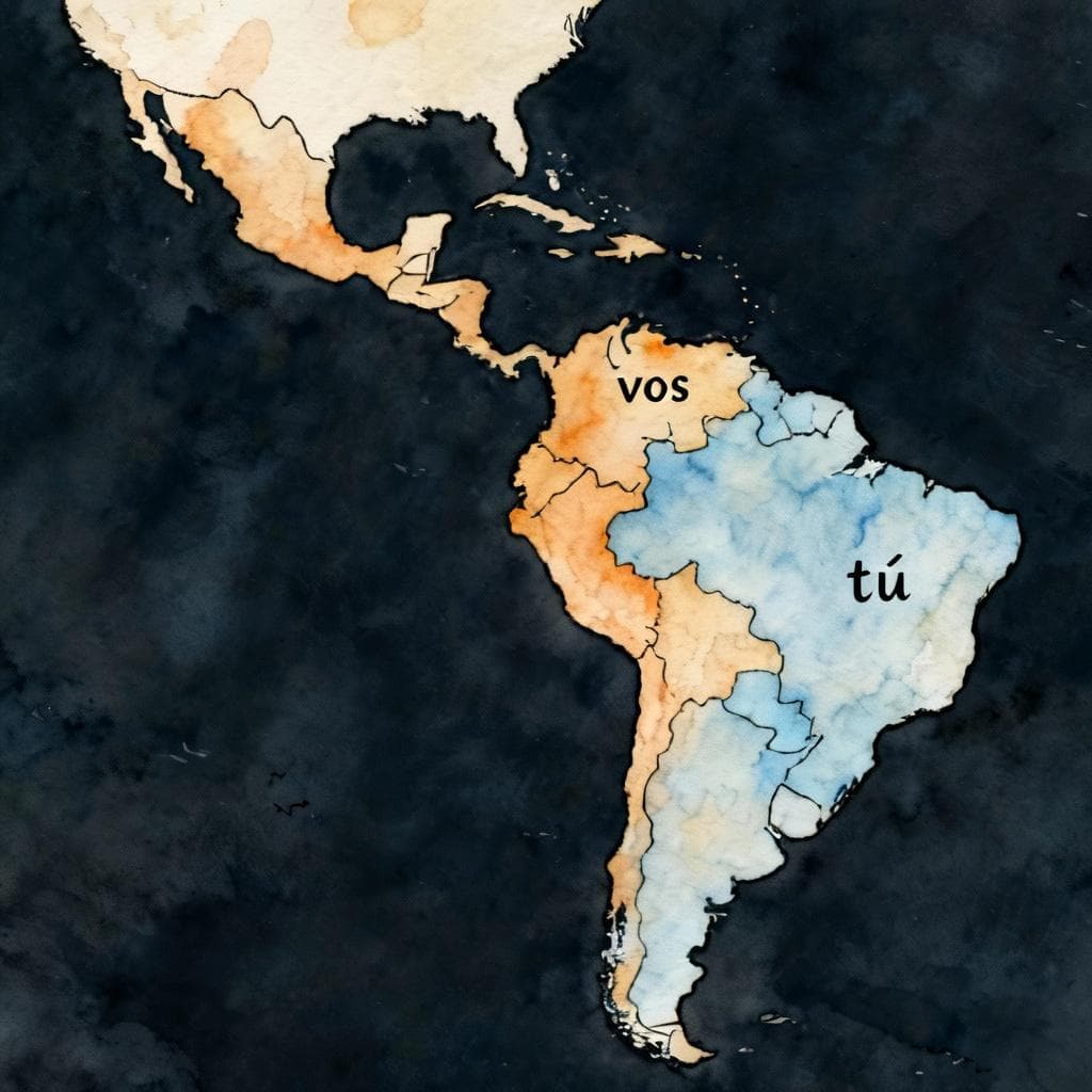 Charming ink-and-watercolor map of Latin America and Spain on a dark background. Clean, simple outlines. Central America and the Southern Cone softly highlighted with a warm wash labeled “vos,” while Spain and most of Mexico remain cool-toned labeled “tú.” Minimal legend, no country names, uncluttered, storybook style.