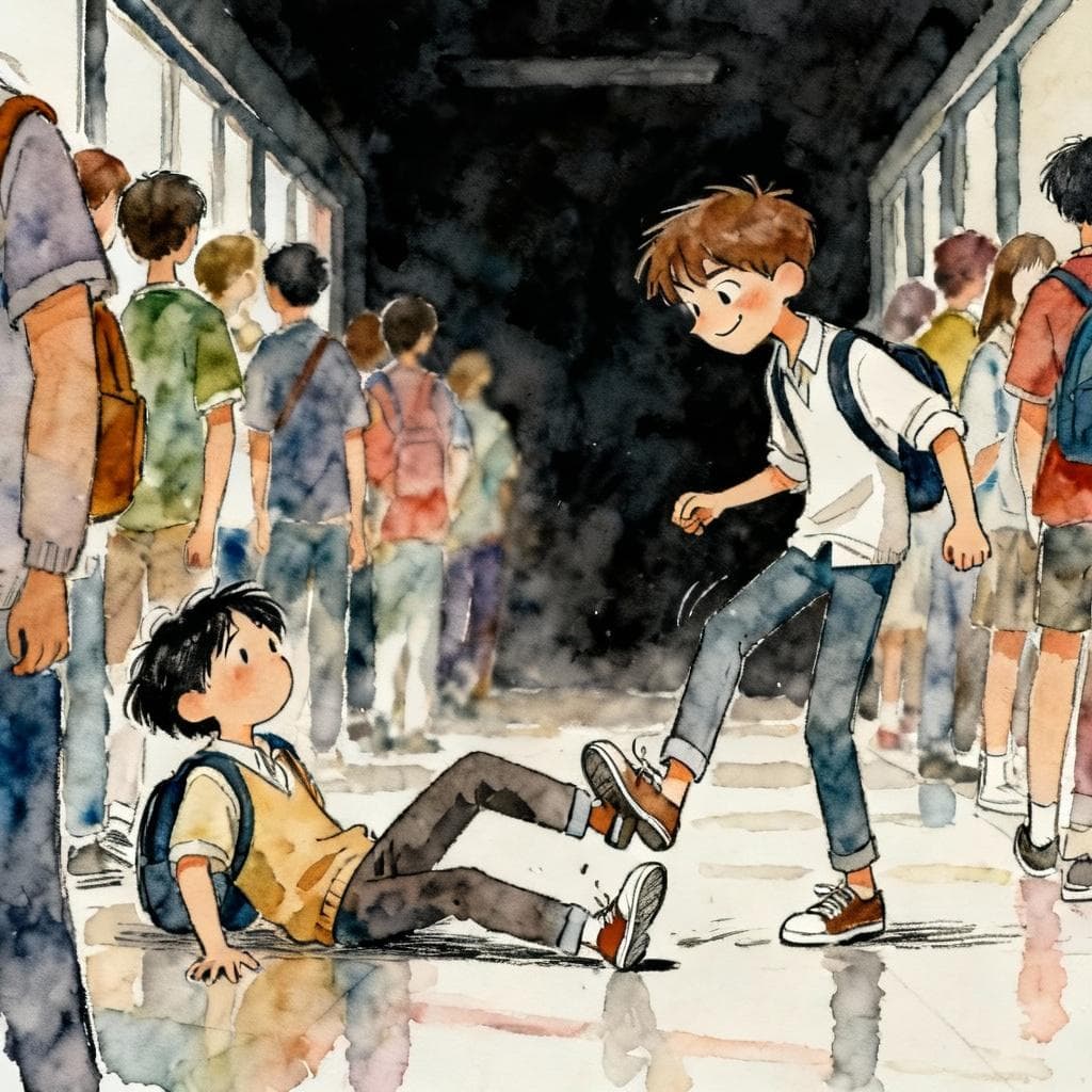 Charming ink and watercolor painting, clean lines, vibrant but soft color palette, storybook style, dark background. A person deliberately tripping another person with their foot in a crowded hallway. The tripper has a small, malicious smirk.