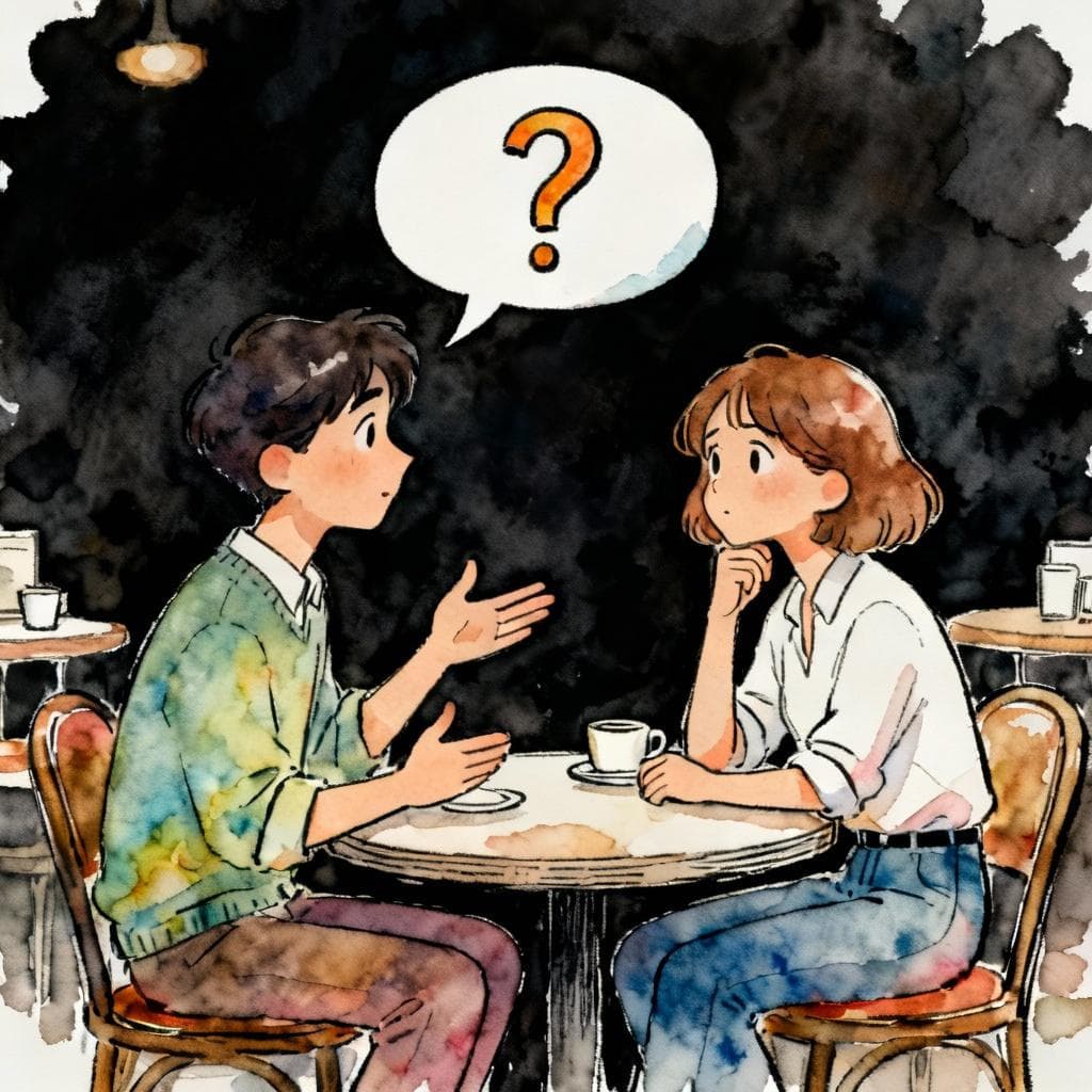Two people having a friendly chat at a café. One person is talking, and the other has a thoughtful expression with a single, stylized question mark in a speech bubble above their head, representing a polite disagreement they are hesitant to voice. Charming ink and watercolor painting, clean lines, vibrant but soft color palette, storybook style, dark background.