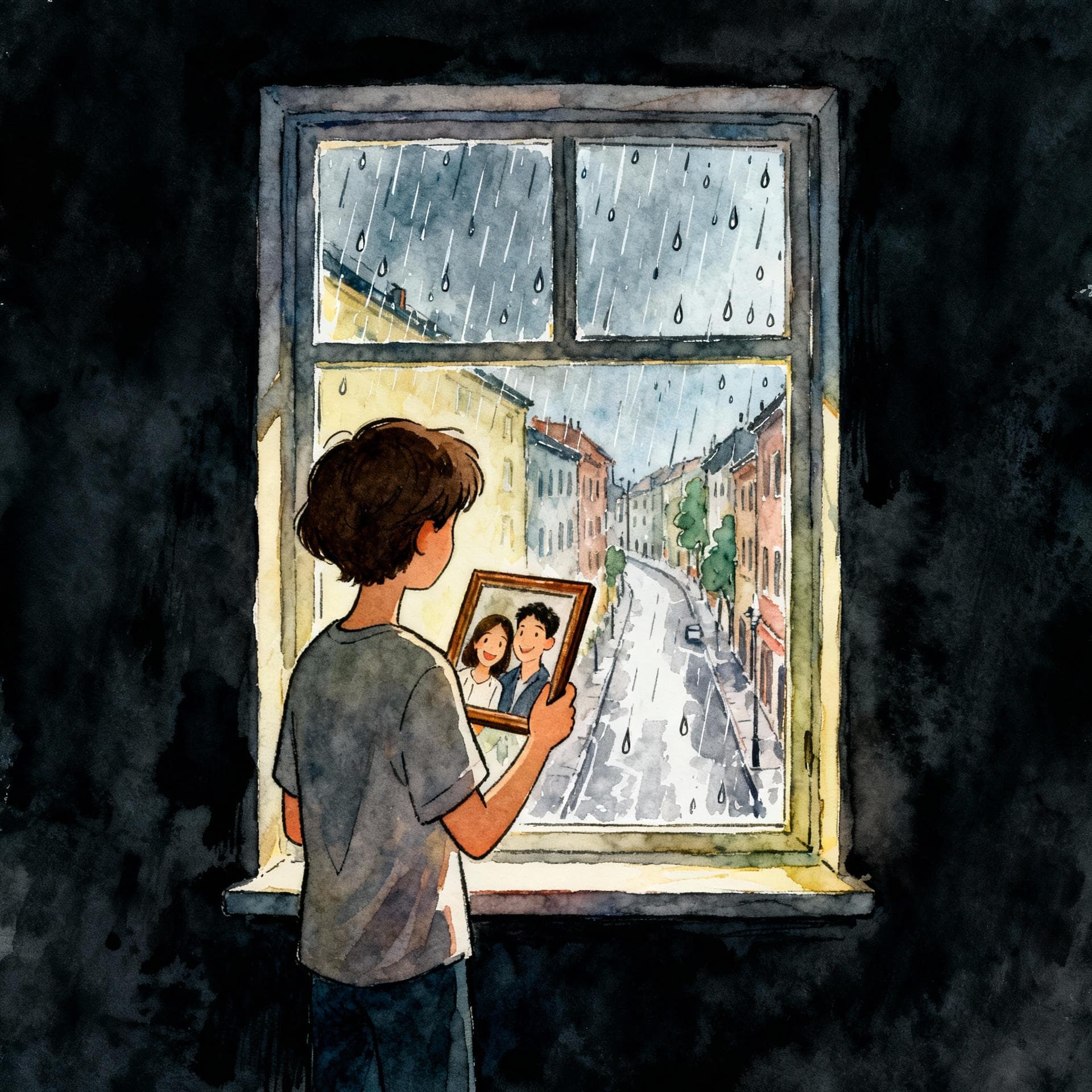 Charming ink and watercolor painting, clean lines, vibrant but soft color palette, storybook style, dark background. A person stands alone looking out a window at a rainy street, holding a framed photograph of two people smiling. The scene evokes a feeling of quiet longing.