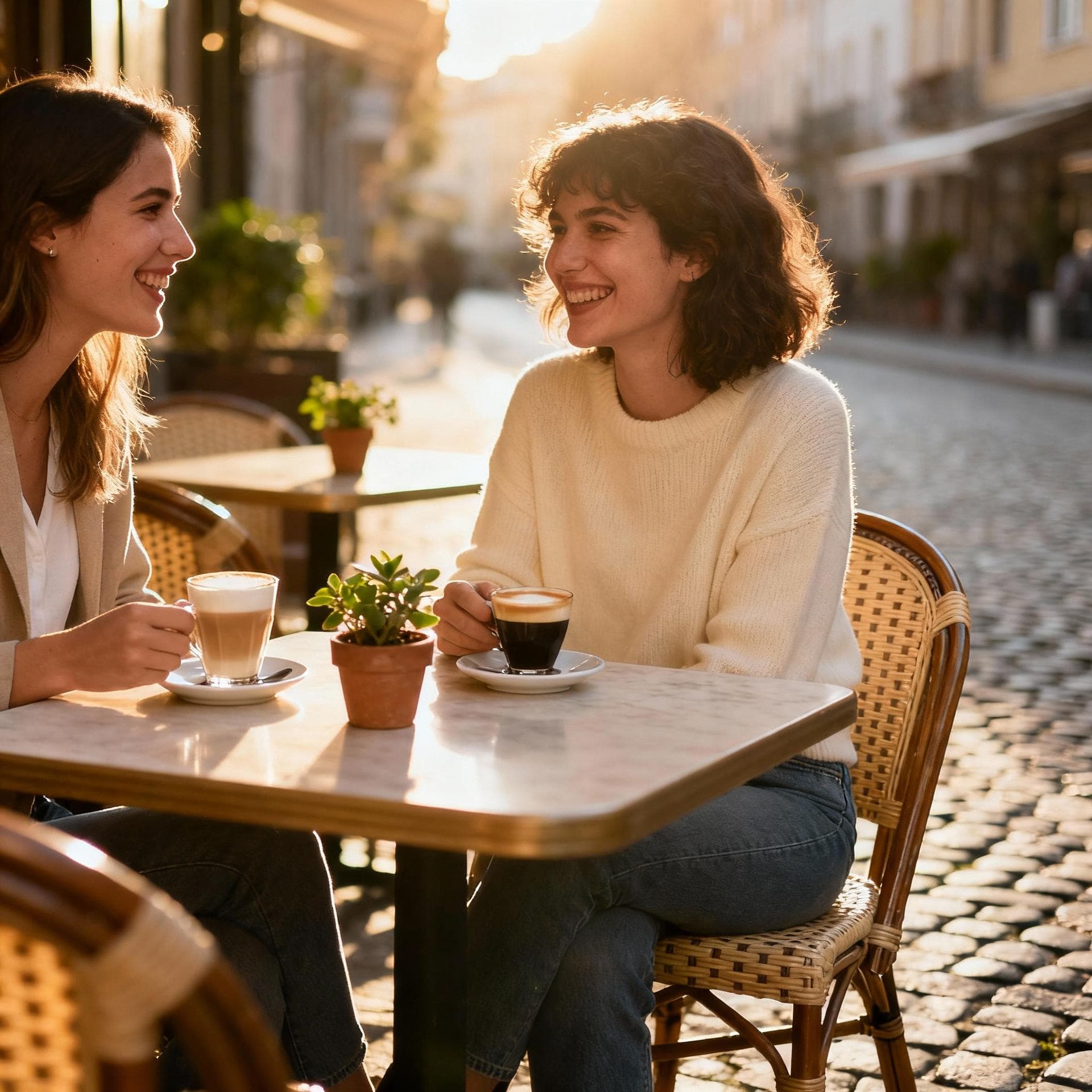 Two friends enjoying coffee and conversation at an outdoor cafe