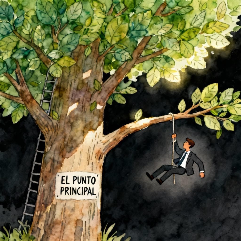 A whimsical illustration of a person dressed in business attire climbing a large, leafy tree. The person is deliberately avoiding the main trunk and instead is swinging far out onto a thin, unnecessary side branch. The main trunk is labeled 'EL PUNTO PRINCIPAL' (The Main Point). Charming ink and watercolor painting, clean lines, vibrant but soft color palette, storybook style, dark background.