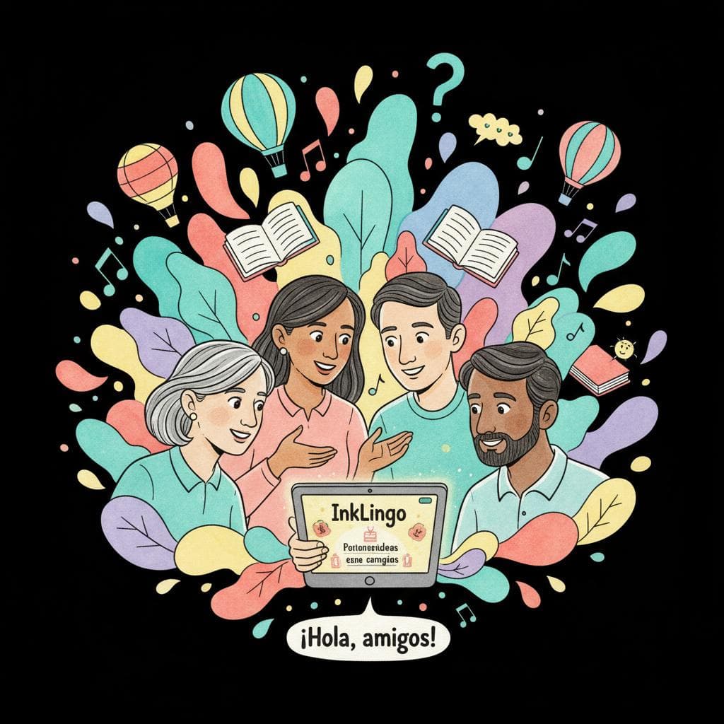 A friendly, diverse group of people (representing various learners) gathered around a tablet or smartphone displaying the InkLingo app interface, actively engaged in learning Spanish. One person is smiling, perhaps telling a story, while others listen intently. The background is bright and encouraging, symbolizing community and the joy of language learning. black background.