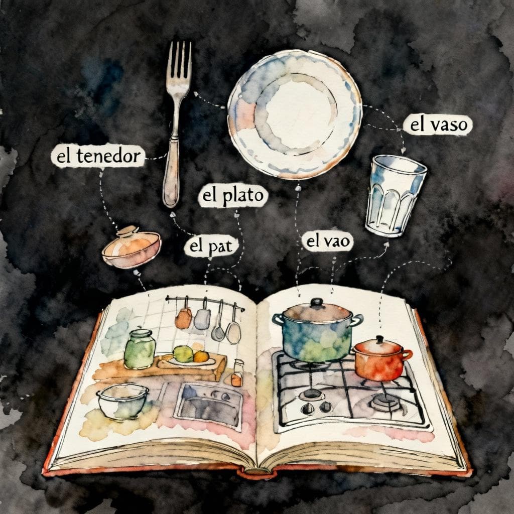 An open, stylized storybook on a dark background. On the page, there is a beautifully painted kitchen scene. Floating above the objects are their Spanish names: 'el tenedor', 'el plato', 'el vaso'. The words are neatly organized and connected to their items. Ink and watercolor style.