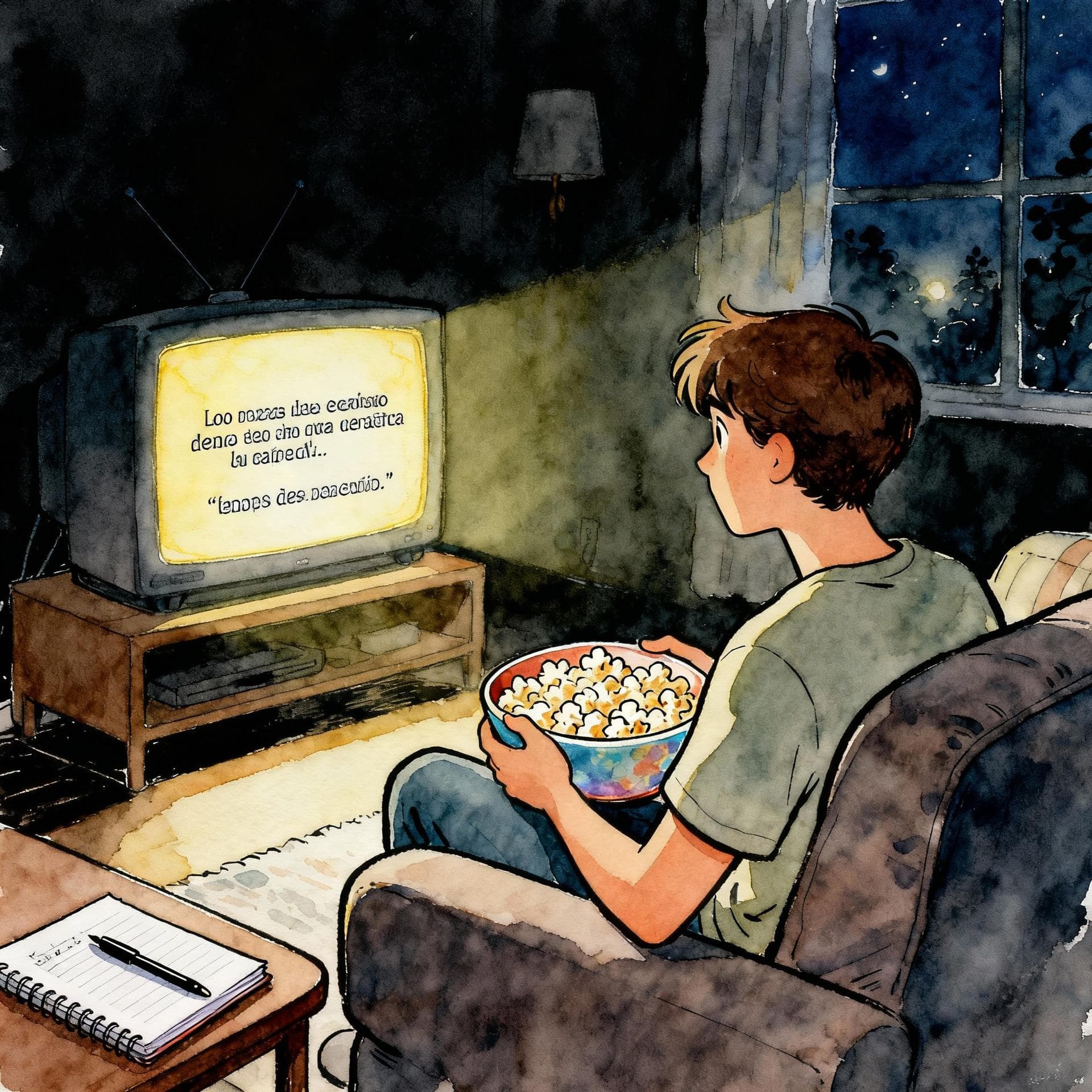 Charming ink and watercolor painting, clean lines, vibrant but soft color palette, storybook style, dark background. A cozy living room scene at night. A person is comfortably seated on a sofa, holding a bowl of popcorn and looking intently at a glowing TV screen that displays Spanish subtitles. A notebook and pen are visible on a side table next to the person.