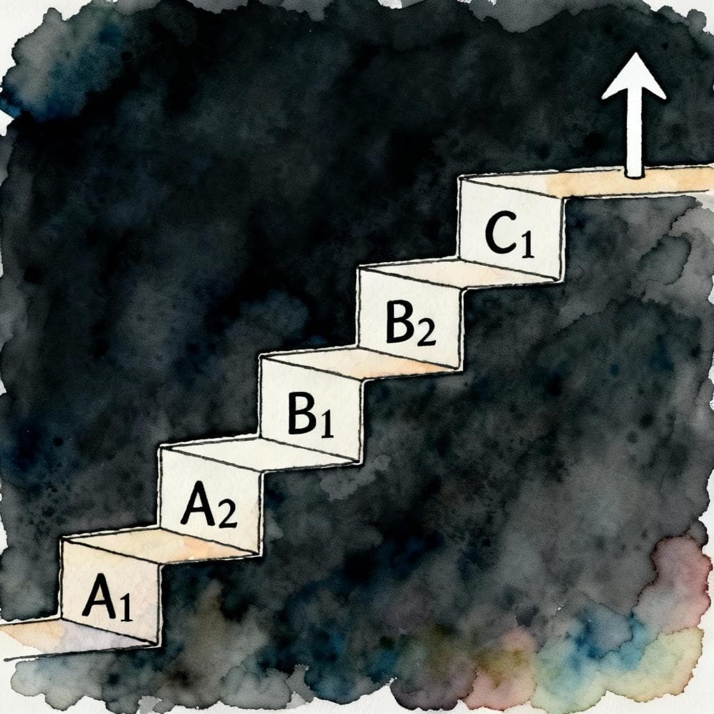 Simple ink and watercolor staircase with five steps labeled A1, A2, B1, B2, C1 ascending left to right, a small upward arrow; dark background, clean lines, storybook style, minimal elements