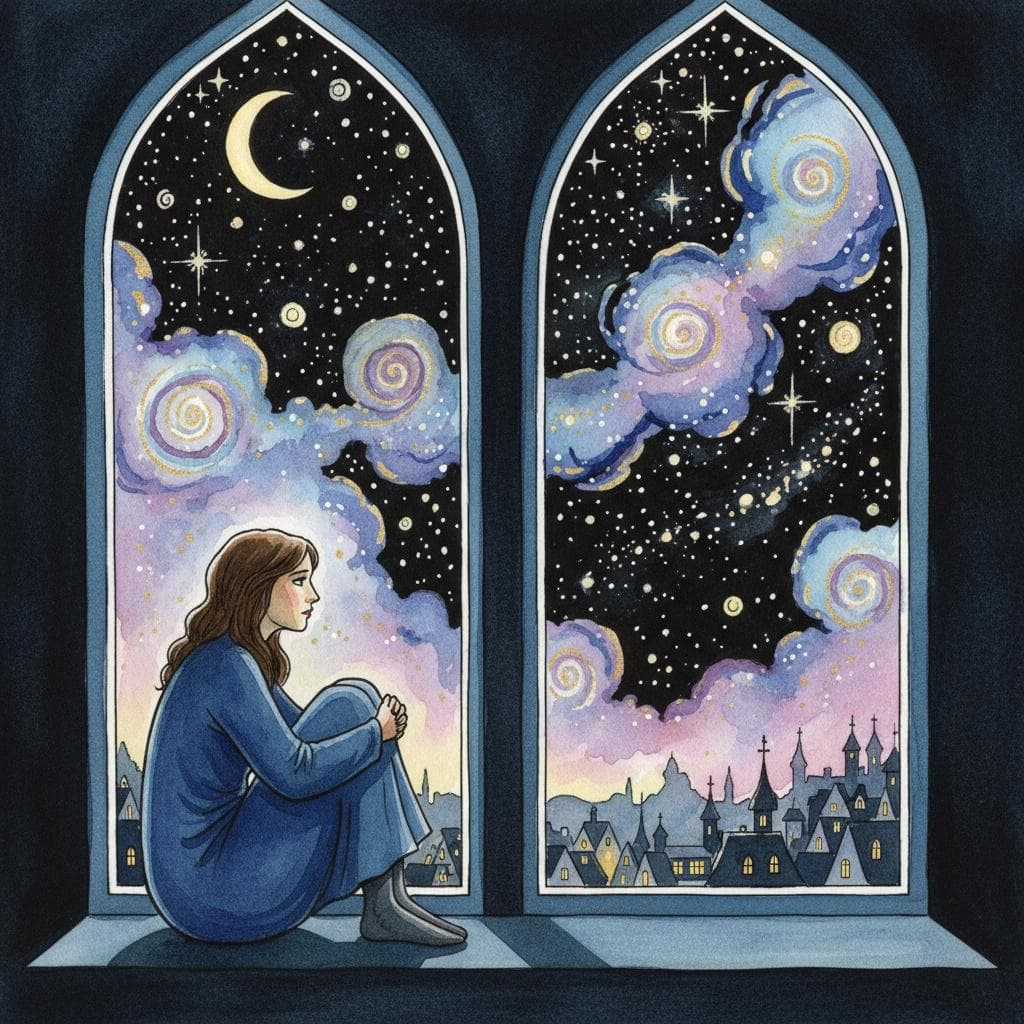 A person sitting on a windowsill at night, looking out at a starry sky with a melancholy expression. Charming ink and watercolor painting, clean lines, vibrant but soft color palette, storybook style. black background.