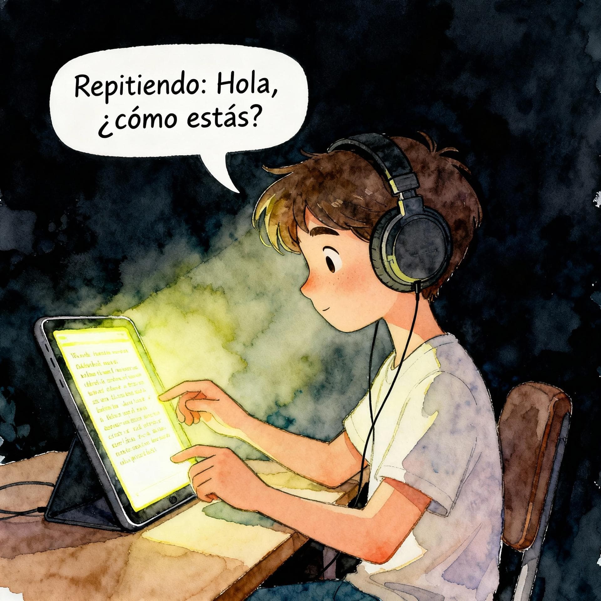 A person sitting at a desk wearing large headphones, actively reading a glowing transcript on a tablet while listening to a podcast. A speech bubble above their head shows Spanish text being repeated. Charming ink and watercolor painting, clean lines, vibrant but soft color palette, storybook style, dark background.
