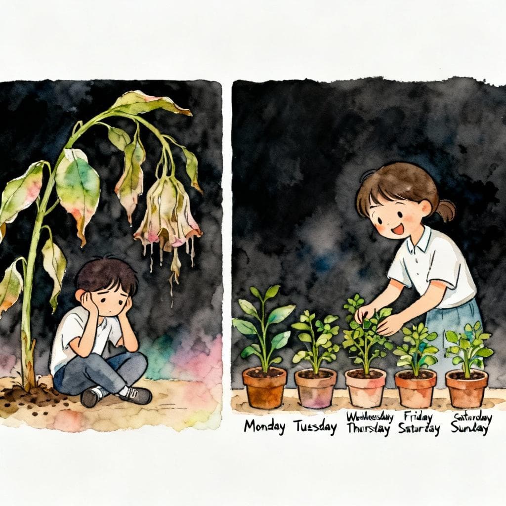 A split-panel image. On the left, a frustrated learner sits under a single large, wilting plant representing a weekly cram session. On the right, a happy learner tends to a row of small, thriving potted plants, each labeled with a day of the week, representing daily practice. Charming ink and watercolor painting, clean lines, vibrant but soft color palette, storybook style, dark background.
