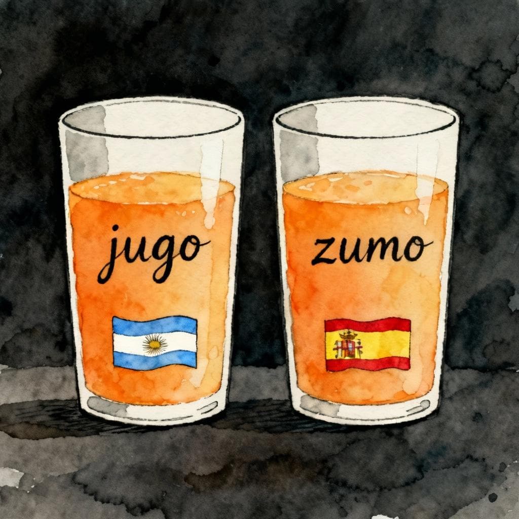 Two simple glasses of orange juice side by side, each labeled with hand-lettered text: one says ‘jugo’ with a small Argentina flag, the other says ‘zumo’ with a small Spain flag; charming ink and watercolor painting, clean lines, vibrant but soft palette, storybook style, dark background