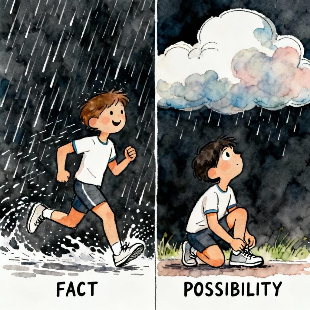 A vertical split image illustrating the two uses of 'Aunque'. On the left (Indicative side), a cheerful runner is clearly jogging through heavy, splashing rain, labeled "FACT". On the right (Subjunctive side), the same runner is tying their shoe, looking up at a sky that is cloudy but not yet raining, labeled "POSSIBILITY". The image should feature a clear dividing line between the factual rain and the potential rain. Charming ink and watercolor painting, clean lines, vibrant but soft color palette, storybook style, dark background.