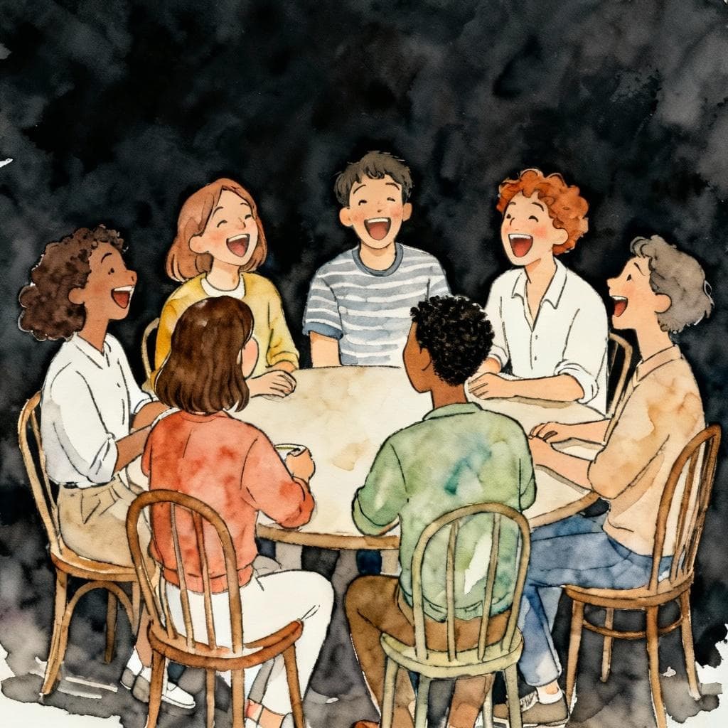 A group of diverse people sitting around a table, laughing and chatting animatedly, showing open and honest communication. Charming ink and watercolor painting, clean lines, vibrant but soft color palette, storybook style, dark background.