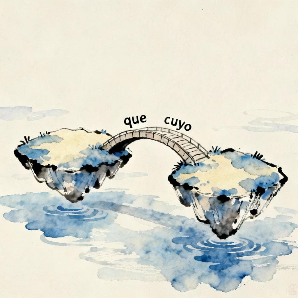 A stylized ink and watercolor painting depicting two separate sentence halves (represented as floating islands) connected by a small, arched bridge labeled with Spanish relative pronouns like 'que' and 'cuyo'. The atmosphere is academic yet whimsical.
