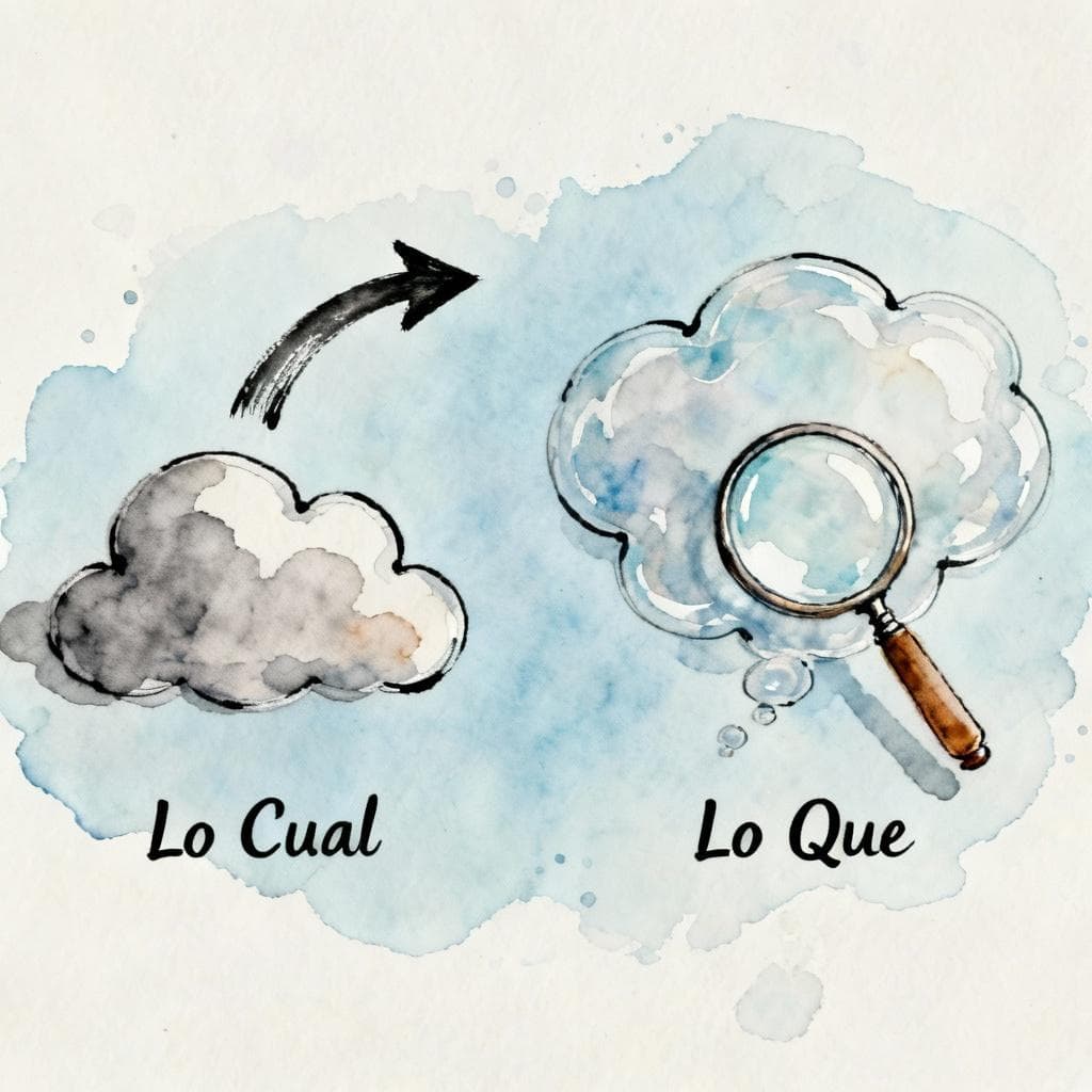 A charming ink and watercolor painting illustrating the difference between 'Lo Cual' and 'Lo Que'. 'Lo Cual' is depicted as an arrow pointing backwards toward a previously completed clause (a rain cloud), while 'Lo Que' is depicted as a magnifying glass hovering over an abstract, unknown concept or thought bubble.