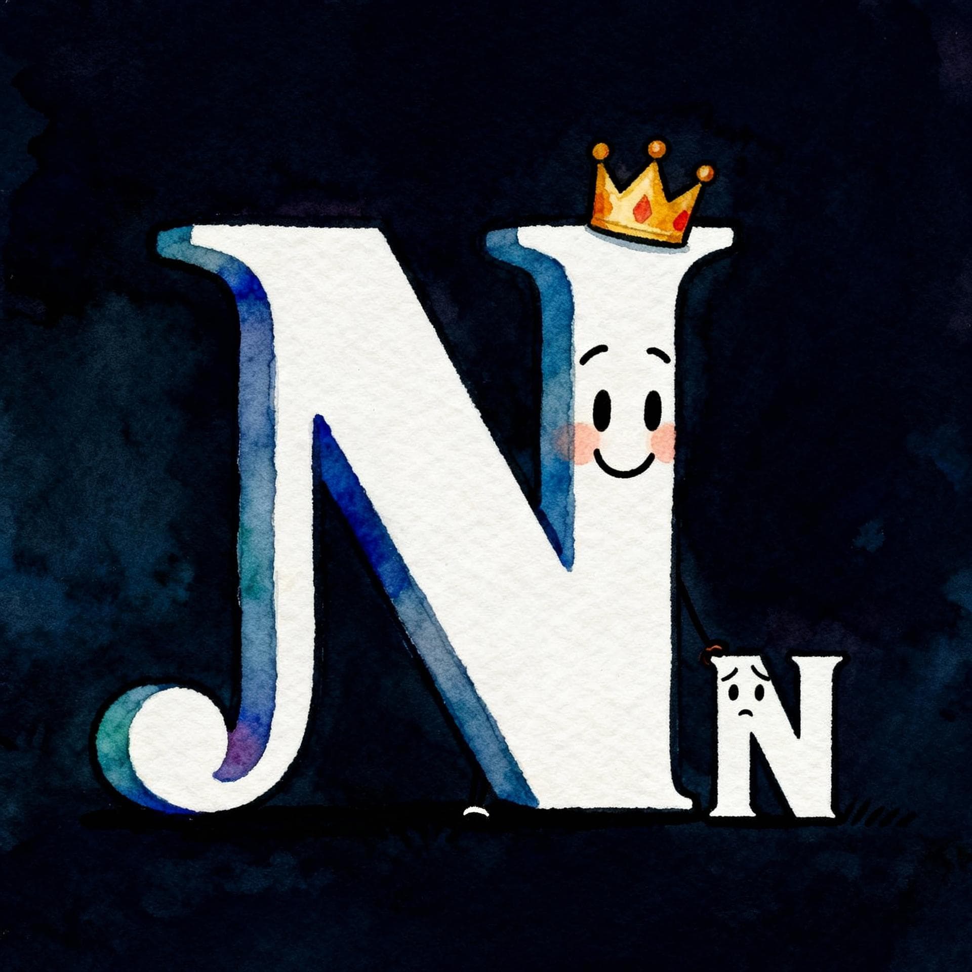 Charming ink and watercolor painting, clean lines, vibrant but soft color palette, storybook style, dark background. A large, friendly, smiling letter Ñ with a prominent virgulilla (tilde) stands next to a small, plain letter N that looks confused. The Ñ is wearing a tiny crown.