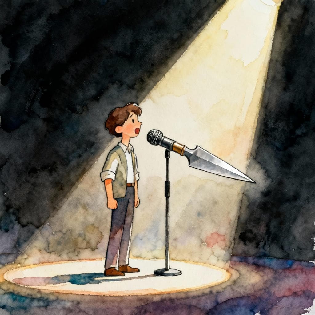 A person standing confidently in a spotlight, speaking into a microphone. The microphone is shaped like a sharp, unblunted object (like a chisel or a knife edge). Charming ink and watercolor painting, clean lines, vibrant but soft color palette, storybook style, dark background.