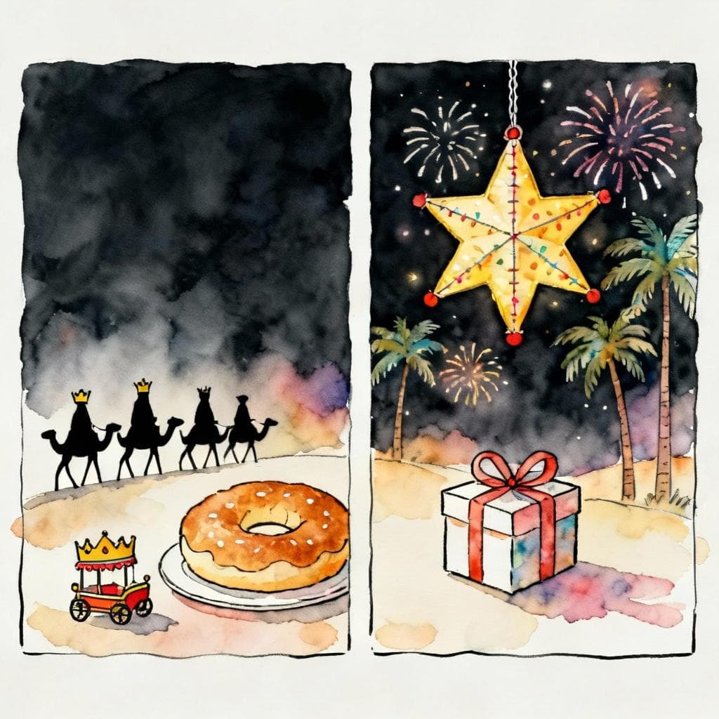Two-panel holiday scene: left panel shows the Three Kings on simple camel silhouettes with a roscón de reyes and a small parade float; right panel shows a bright star-shaped piñata, a wrapped gift, and soft fireworks over palm trees to suggest a warm Nochebuena night. Charming ink and watercolor, clean lines, vibrant but soft colors, storybook style, dark background.