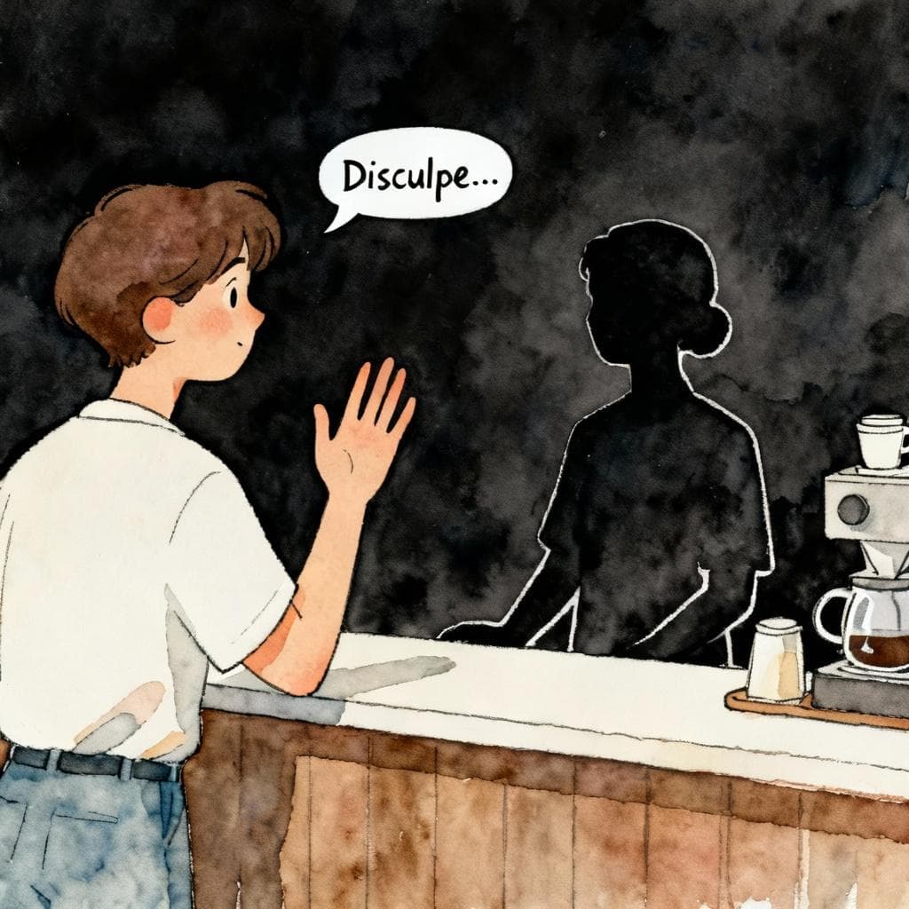 Charming ink and watercolor painting, clean lines, vibrant but soft color palette, storybook style, dark background. A customer at a café counter gently raising a hand with a small speech bubble “Disculpe…”. Simple counter and one barista silhouette, minimal props, uncluttered scene.