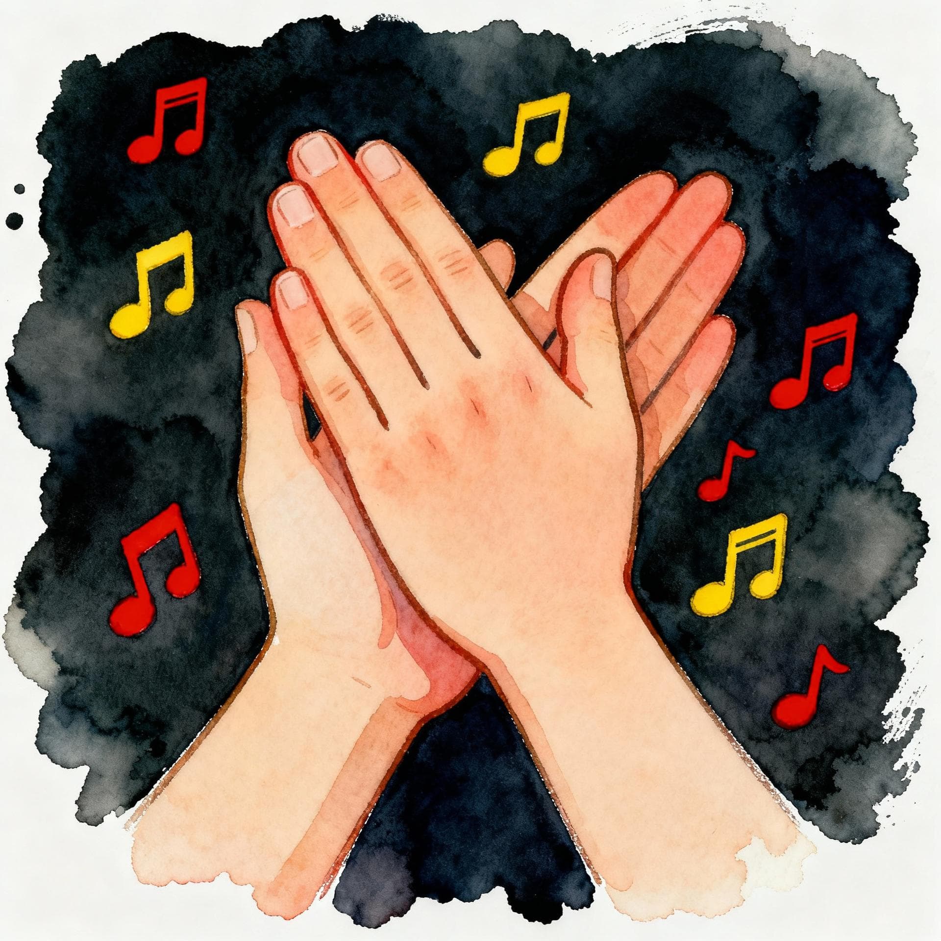 A stylized, close-up image of two hands clapping rhythmically, surrounded by small, vibrant red and yellow musical notes. Charming ink and watercolor painting, clean lines, vibrant but soft color palette, storybook style, dark background.