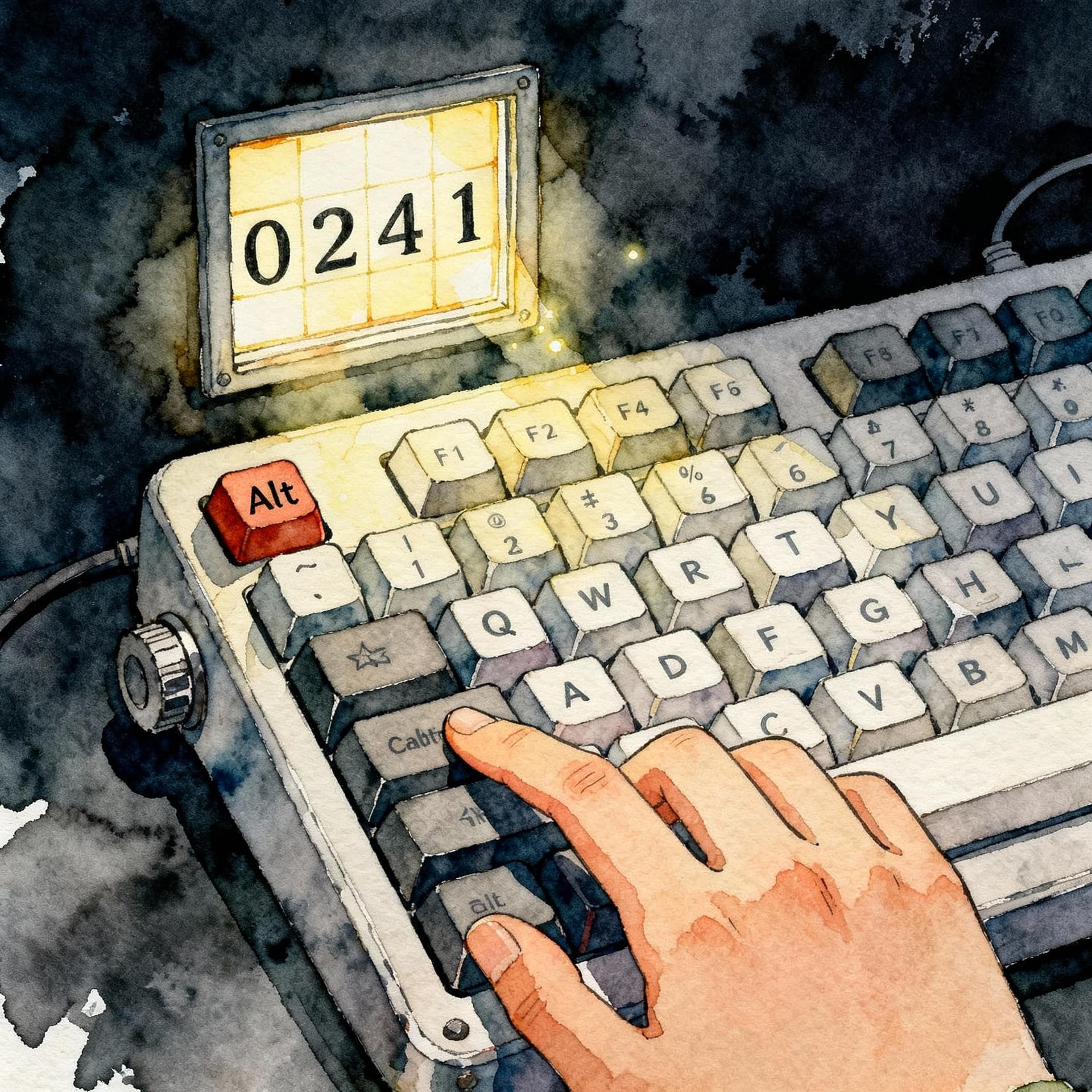 Charming ink and watercolor painting, clean lines, vibrant but soft color palette, storybook style, dark background. A hand is pressing the 'Alt' key on a large, mechanical keyboard. A small, glowing window above the numeric keypad displays the numbers '0241' being typed.